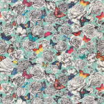 Osborne & Little BUTTERFLY GARDEN F6885-02 Mint green background with grey roses and colourful butterfly accents
