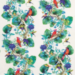Osborne & Little RAIN FOREST F7013-01 Vibrant emerald green and royal purple with bright coral-red accents