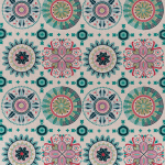 Osborne & Little TEMARA F7270-04 Natural linen background with teal, pink and navy circular motifs