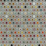Osborne & Little PELANGI VELVET F7423-01 Cream base with orange, teal, and burgundy circular accents