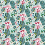 Osborne & Little TRAILING ORCHID OUTDOOR F7443-02 Teal green leaves with pink flowers on mint background