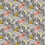 Osborne & Little ZEBRINA F7447-01 Grey and white leaves with coral pink and mustard yellow accents