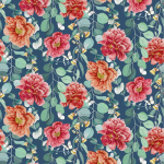 Osborne & Little PEONIA F7660-03 Coral pink, salmon orange, and mint green on navy background