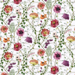 Osborne & Little LAMORRAN TRAIL F7671-01 Pink, purple and orange flowers with green stems on white background