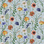Osborne & Little LAMORRAN TRAIL F7671-02 Coral, blue and yellow flowers with green foliage on duckegg backgr...