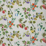 Osborne & Little ORCHARD LINEN F7673-03 Coral red, orange and lavender blue on light grey background