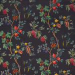 Osborne & Little ORCHARD VELVET F7674-02 Charcoal black background with bright red and forest green details