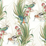 Osborne & Little HALCYON F7771-01 Sage green foliage with coral pink flowers on cream background