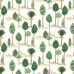 Osborne & Little FORESTA F7892-02 Various shades of green with brown stems on white background