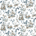 Nina Campbell TOILE CHINOISE NCF4460-01 White background with navy blue and tan beige accents