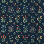 Nina Campbell DAPURI NCF4466-01 Navy blue background with coral red, lavender purple and cornflower...