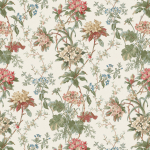 Nina Campbell SOMERHILL NCF4531-03 Cream background with green foliage and coral red floral elements