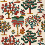 Nina Campbell FENER GROVE NCF4563-01 Cream background with rust red, teal green and golden ochre accents