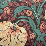  William Morris Pimpernel BH2108F_BORDEAUX Deep bordeaux accented with pale dusty yellow tulips shaded with so...