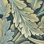  William Morris Leaf BH3111F_BlueBeige A blue background layered with beige, ivory, muted light blue, and ...
